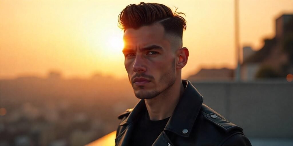 Low skin fade haircut for men with a sharp finish and swept-back top in a romantic sunset backdrop.