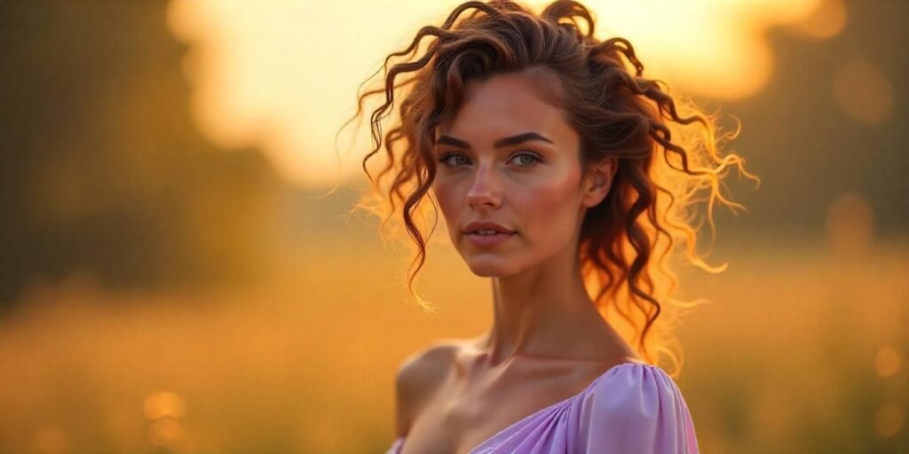 Medusa hairstyle with twists and untamed hair in a romantic garden, featuring a flowing pastel dress.