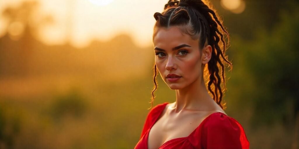 Realistic image of a woman with Medusa hairstyle in a romantic outdoor setting wearing a red dress.