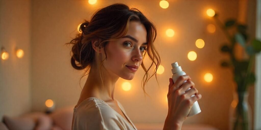 Woman prepping hair for Medusa hairstyle with sea salt spray in a romantic setting