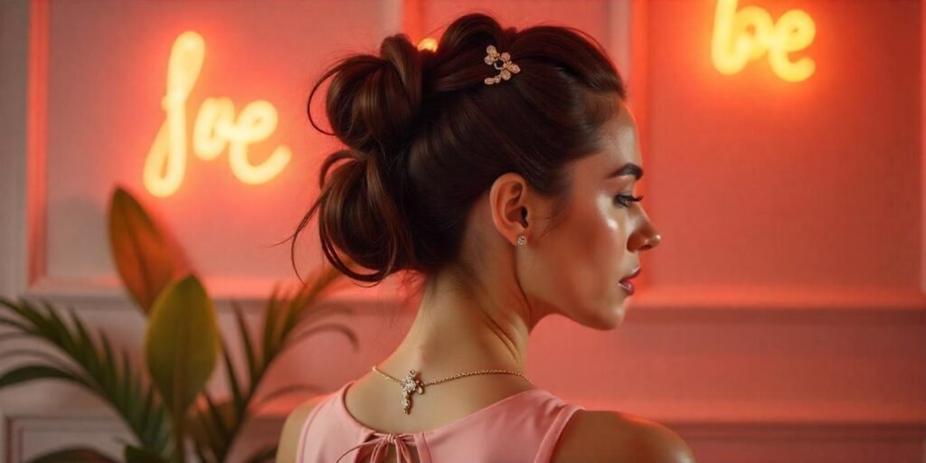 Woman styling the Medusa hairstyle with accessories in a romantic setting.








