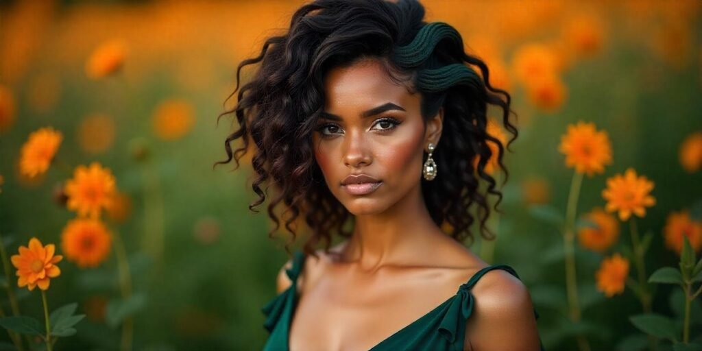 Medusa hairstyle symbolizing feminine empowerment and mystique, with an emerald dress and romantic background.