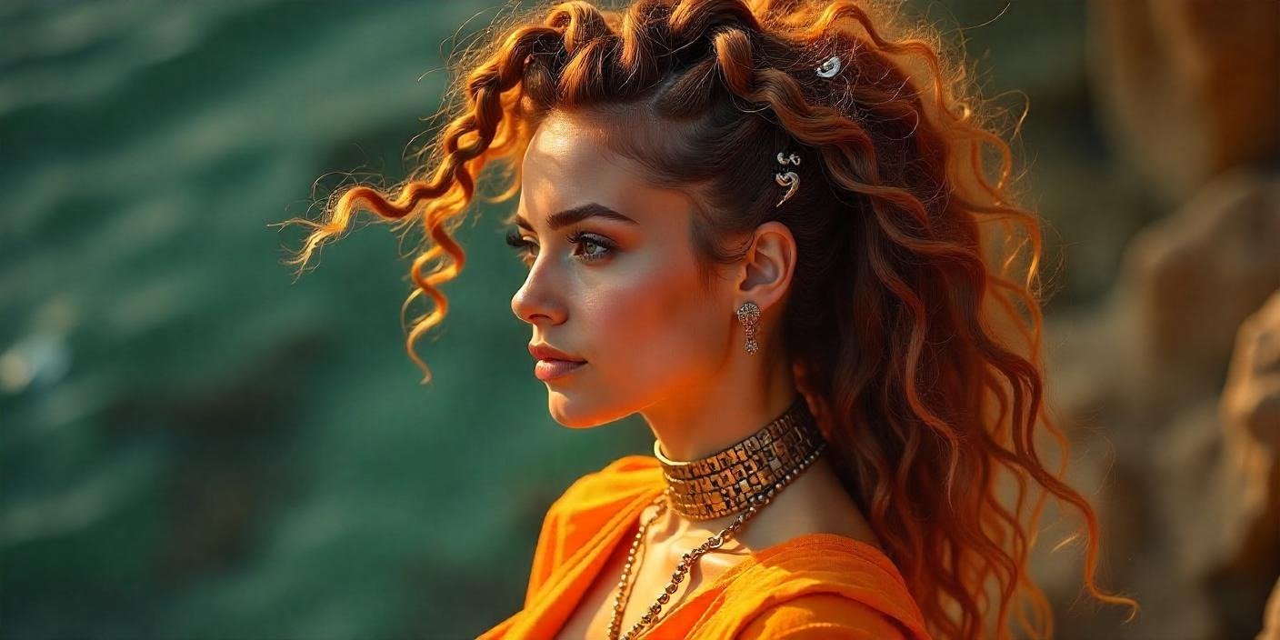 Woman showcasing Medusa hairstyle with snake-like braids wild textured twists and metallic accessories against marble backdrop