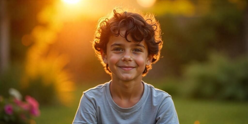 Boy with dark brown short curls hairstyle wearing gray t-shirt in romantic garden at sunset with natural curl definition