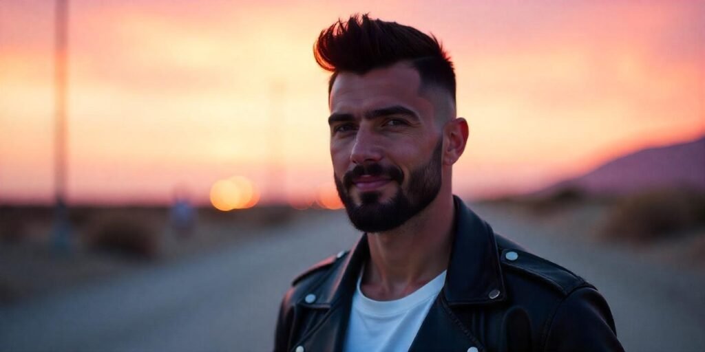 Realistic mohawk fade haircut with burst fade and rugged beard on young man in romantic sunset background