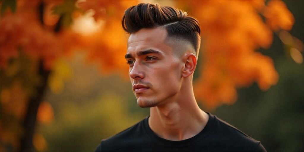 Young man with slicked-back undercut hairstyle and buzzed sides in romantic outdoor setting