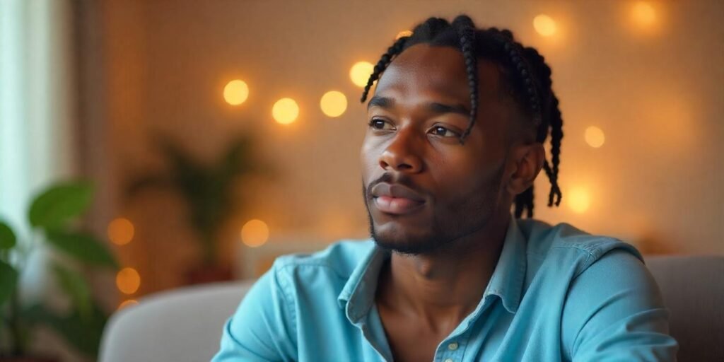 Realistic photo of a young man with neat braids wearing a light blue shirt in a romantic softly lit setting