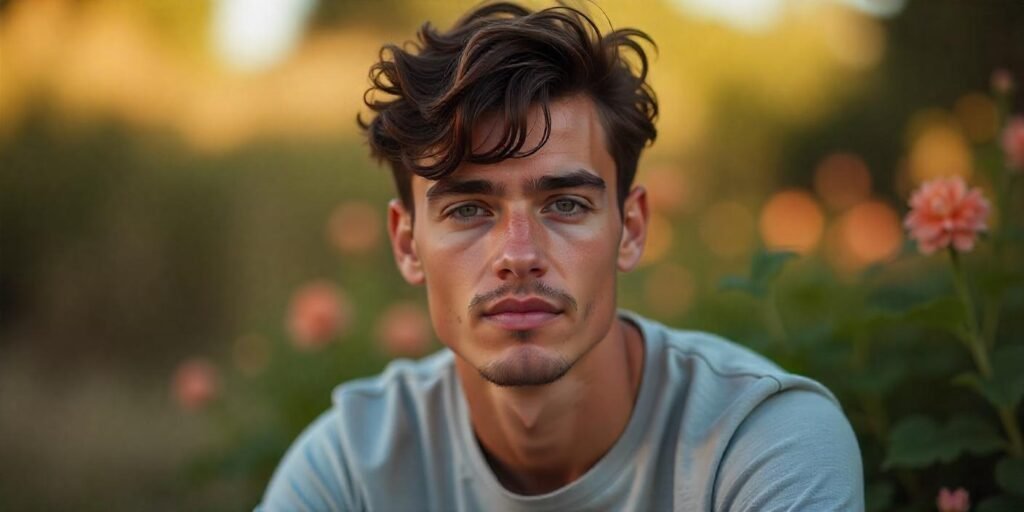Young man with short messy tapered fade hairstyle, wispy fringe, casual gray T-shirt, romantic outdoor background