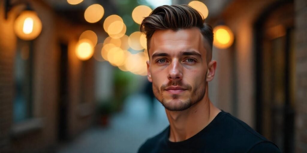 Realistic photo of a man with temp fade haircut and sharp line up, textured top waves, stubble beard, romantic background