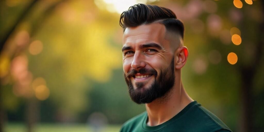Young man with long buzz cut fade and full beard in romantic sunset background showing clean tapered sides