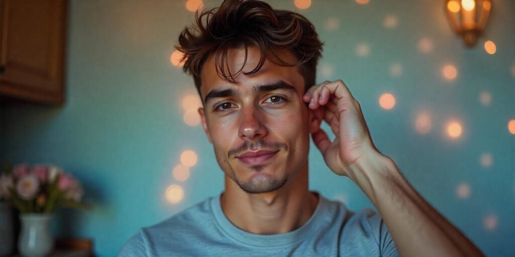 Young man with textured crew cut fade hairstyle and blunt fringe, natural dark brown hair, casual gray shirt in romantic setting