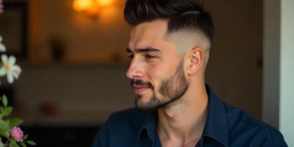 Realistic young man with shaved sides and faux hawk fade hairstyle, dense beard, wearing dark blue shirt in romantic background.