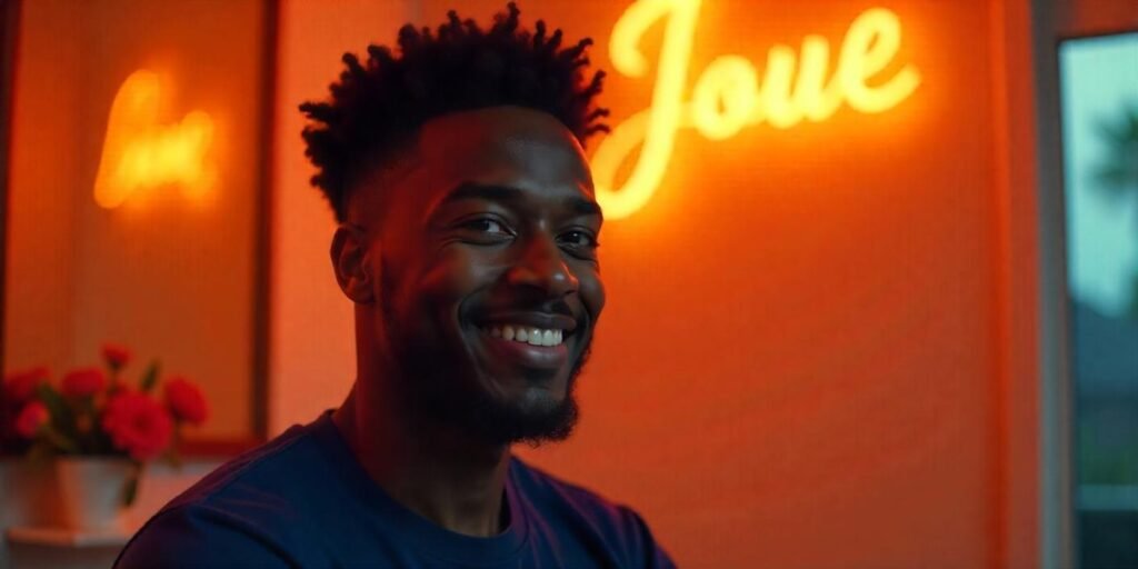 Realistic Afro Fade haircut on boy with textured natural afro, sharp edge up, and faded stubble neck in romantic background