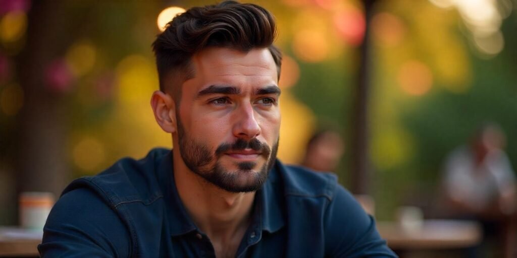 Young man with blended mid-length crew cut and facial hair wearing navy shirt in romantic outdoor background

