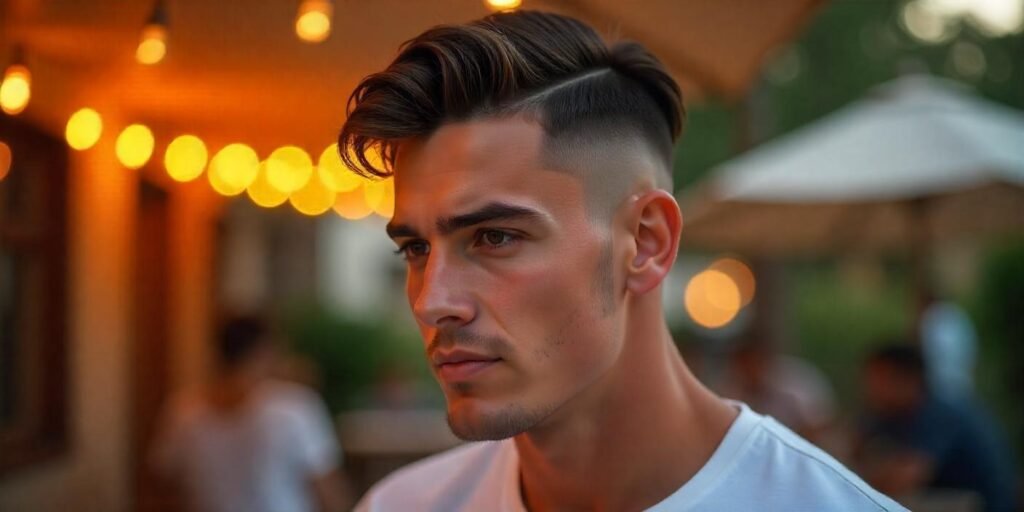 Realistic photo of boy with tapered sideburn crew cut hairstyle, crisp edges, and polished sharp look

