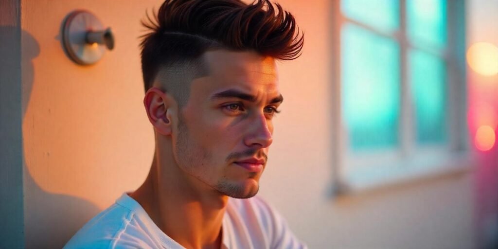 Realistic faux hawk crew cut hairstyle on young man with medium-length sides in romantic warm background

