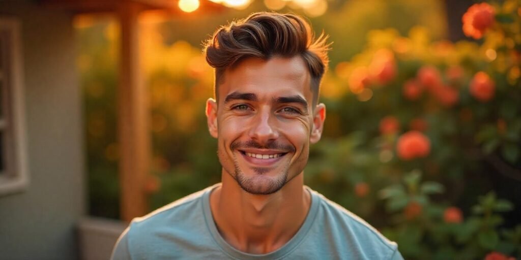 Realistic photo of a young man with a wavy forward quiff hairstyle showing natural waves and clean sides

