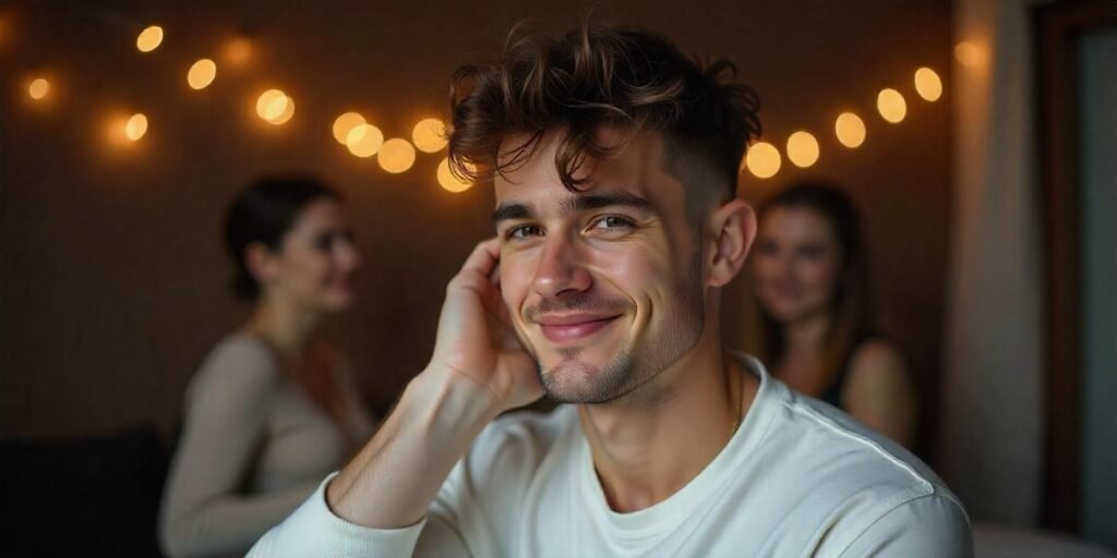 Realistic young man with lived-in lifted fringe messy crew cut hairstyle styled with texture paste in romantic background

