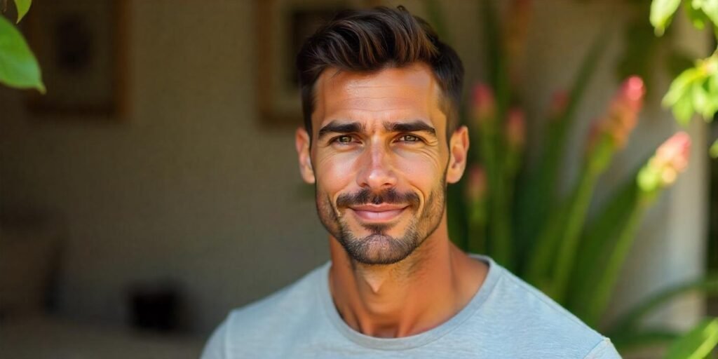 Realistic photo of an adult man with textured Caesar cut wearing gray t-shirt in romantic background

