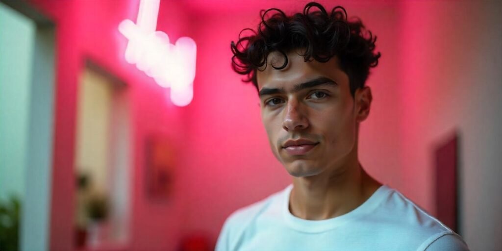 Young man with natural curly hair in a short crew cut wearing white t-shirt in romantic warm background

