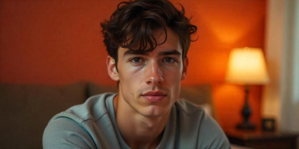 Young man with short messy side part hairstyle in casual light gray shirt with romantic warm background

