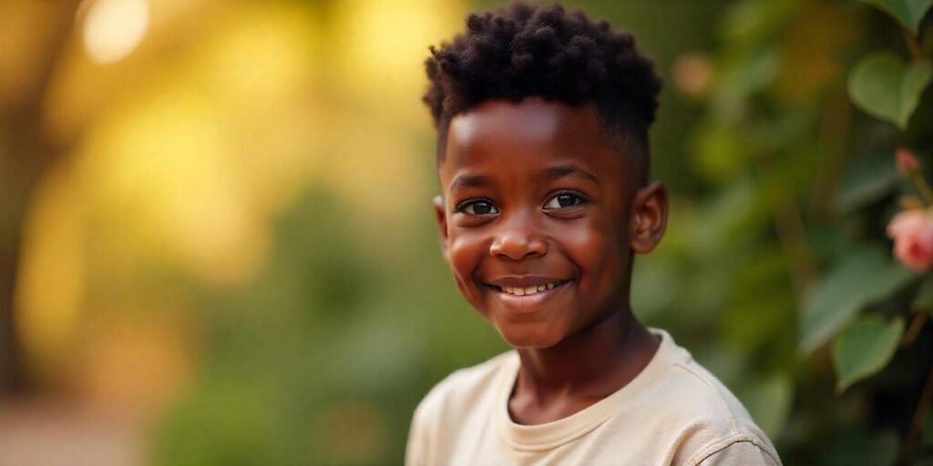 Realistic low fade afro haircut on a boy with natural black hair and tapered sides in romantic setting


