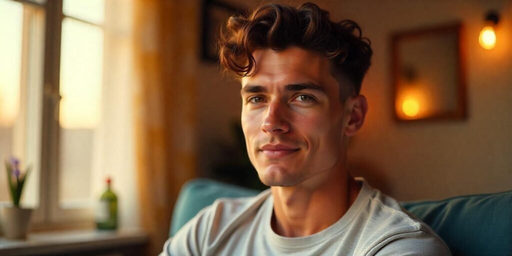 "Man with curly low taper hairstyle, casual outfit, and relaxed expression in a romantic setting"







