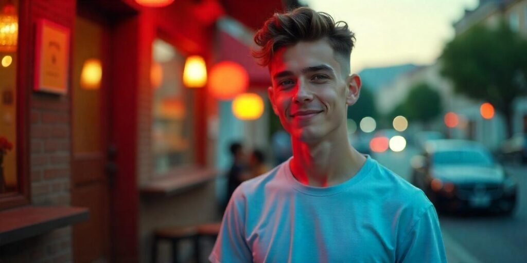"Young man with a wavy reverse fade hairstyle, casual look in romantic background."






