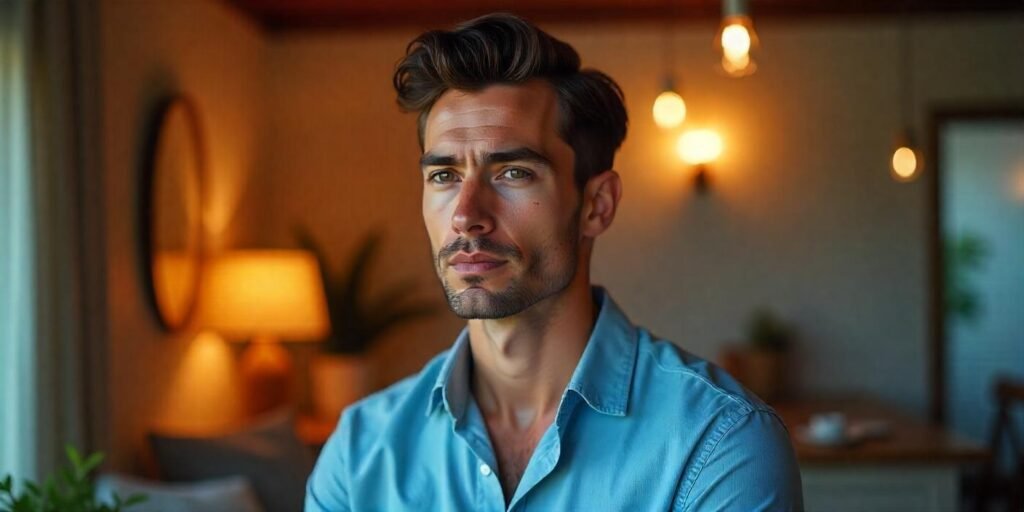 "Realistic image of a man with a neat preppy hairstyle, side part, and hair wax for a formal look."

