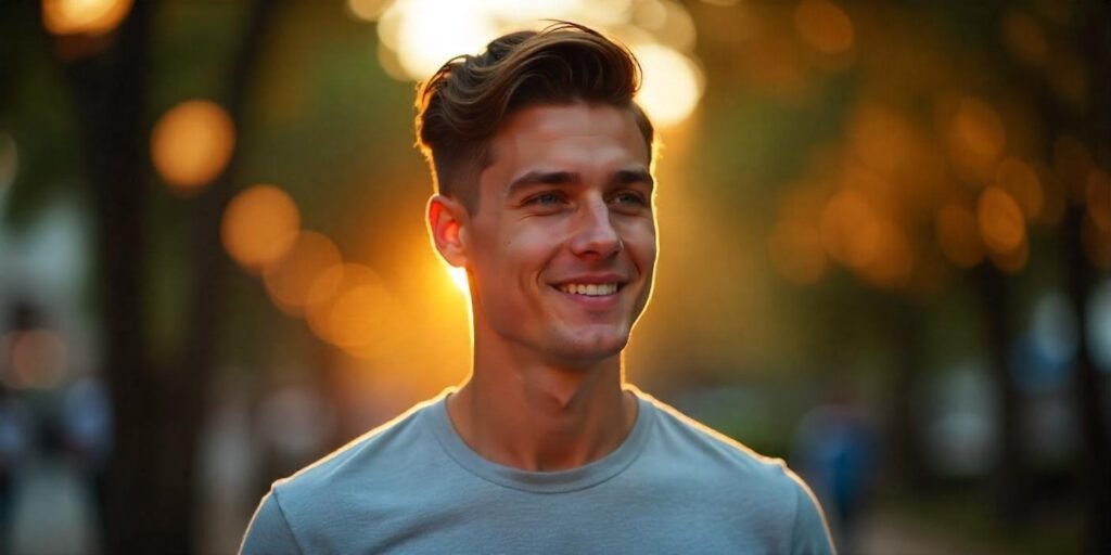 "Man with short tapered haircut in side part, casual grey t-shirt, romantic park background."







