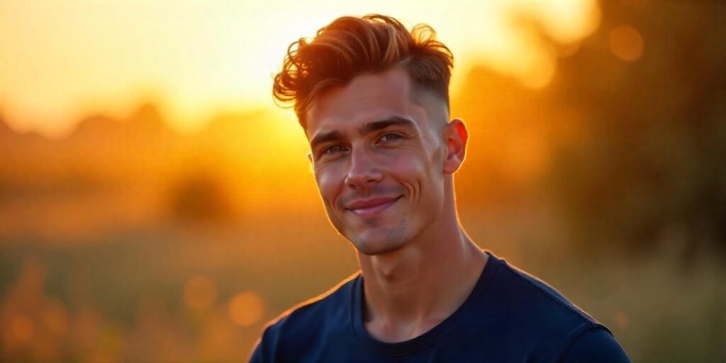 "Realistic photo of a young man with wavy hair styled in an undercut, giving a clean, voluminous look."







