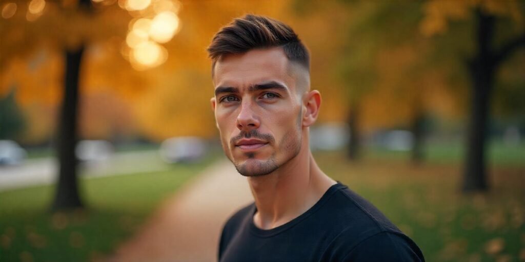 "Young man with crew cut hairstyle featuring weak fade, dressed in dark shirt with romantic background."