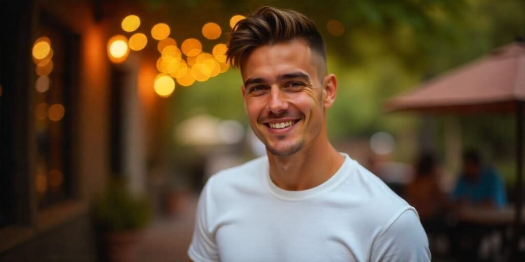 Casual everyday style with a weak fade haircut, natural movement, and effortless vibe. Romantic background setting.