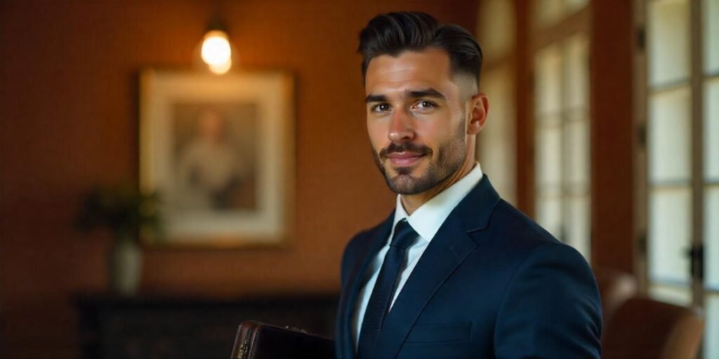 Young man with slick back weak fade hairstyle, navy blue blazer, and confident expression in romantic office setting.