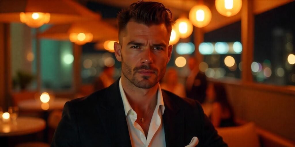 "Elegant men's evening look with weak fade hairstyle, loose waves, and romantic, upscale setting."