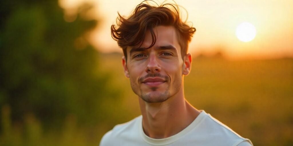 "Young man with messy Fluffy Edgar haircut, dressed casually, standing in a romantic background with tousled hair and confident expression"