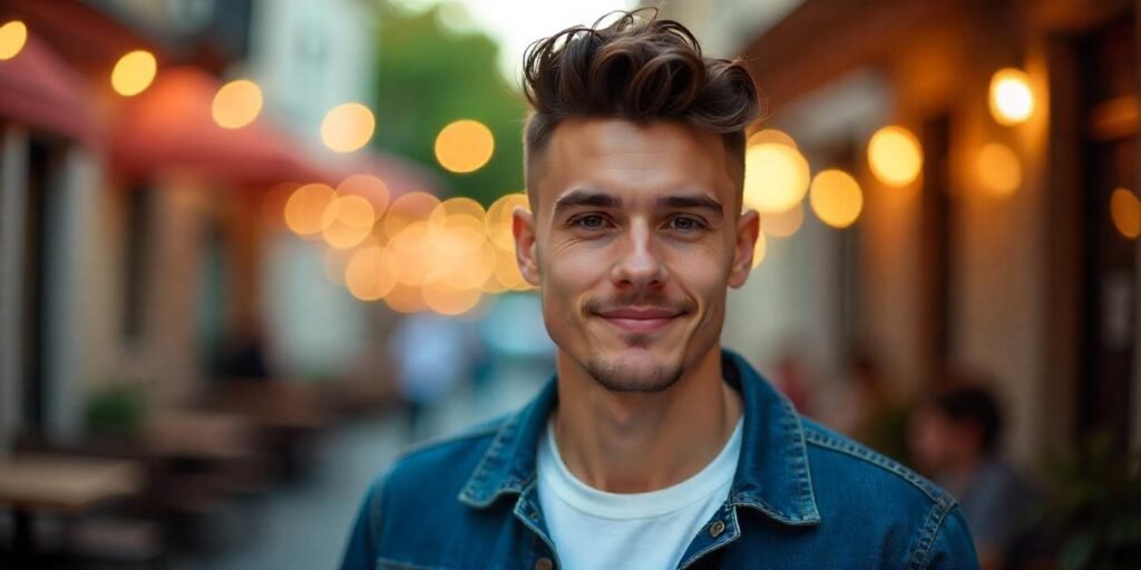 "Realistic image of a man with a fluffy Edgar haircut, fade and tousled hair in a romantic outdoor setting."