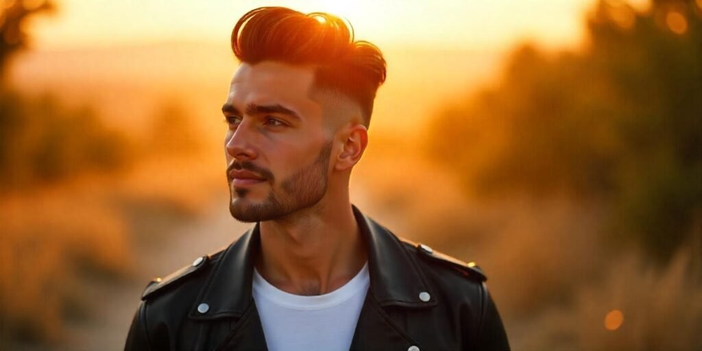 Realistic image of a young man with a Fluffy Edgar haircut and casual outfit in a romantic outdoor setting.