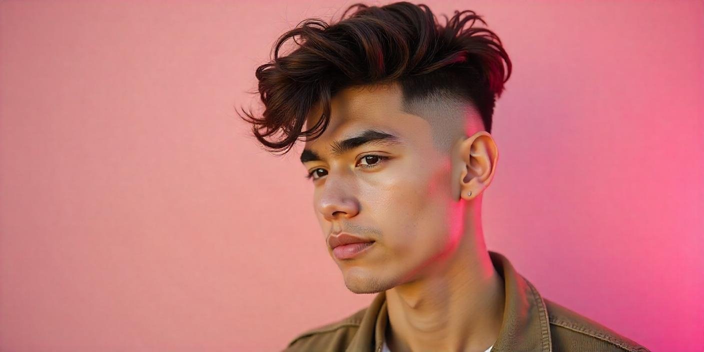 A young man sporting a Fluffy Edgar haircut with voluminous textured hair and clean faded sides,