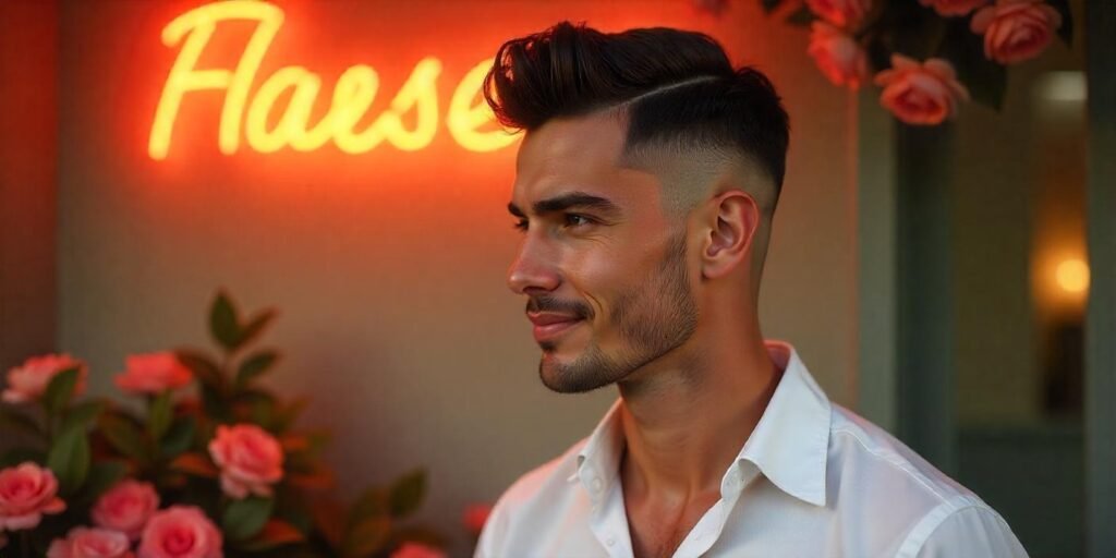 Young man with side-parted crew cut hairstyle, buzzed sides, quiff, wearing white shirt in romantic background

