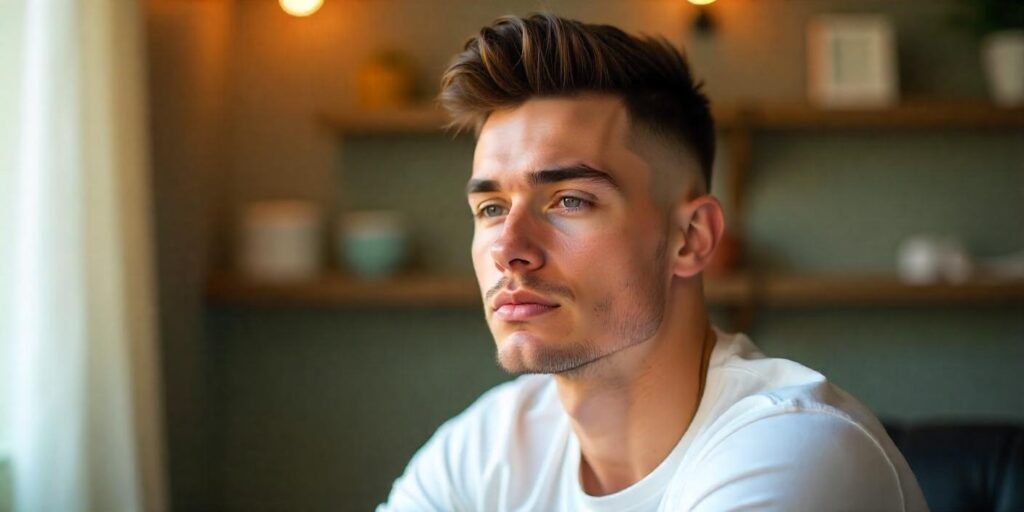 Realistic young man with modern crew cut featuring sharp skin fade and textured layers in romantic background


