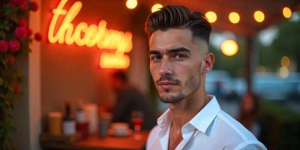 Realistic photo of a young man with crew cut fade hairstyle, sharp skin fade and longer top in romantic background

