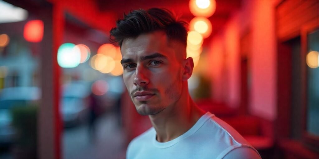 Young man with short crew cut, high taper fade, and textured top hairstyle in romantic soft-lit background


