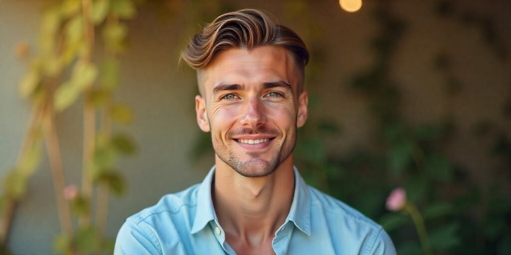 Realistic photo of a young man with a long crew cut hairstyle featuring natural volume and tapered faded sides in a romantic background

