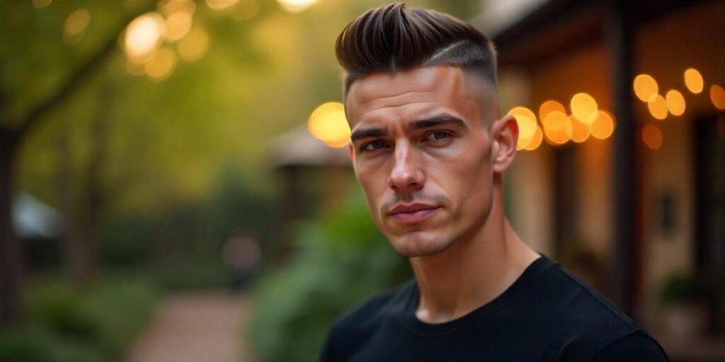 Realistic photo of a young man with a high fade crew cut highlighting jawline and cheekbones in a romantic outdoor setting

