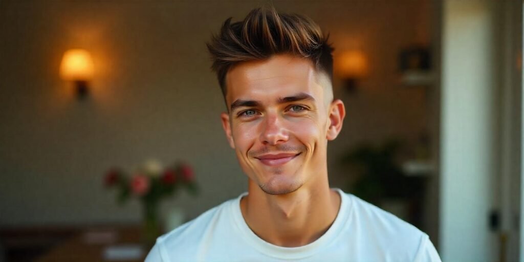 Realistic messy crew cut hairstyle for men with textured spiked hair and casual white t-shirt in romantic background


