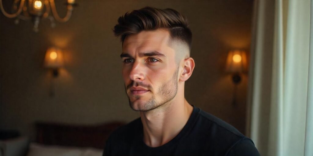 Realistic young man with mid fade crew cut hairstyle, short sides, longer top, black t-shirt, romantic background

