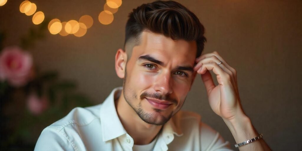 Realistic young man with crew cut taper fade hairstyle, mid taper fade, textured top, casual white shirt, romantic background

