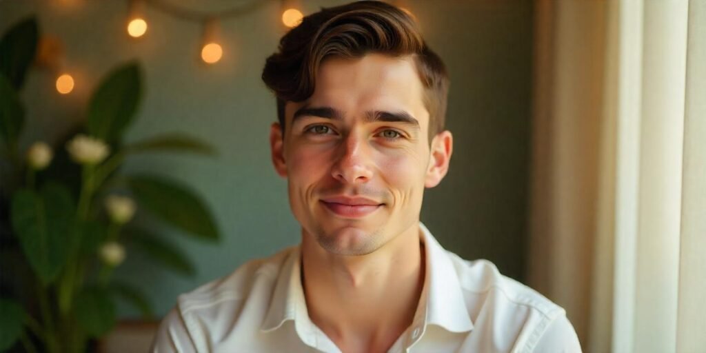 Young man with Ivy League Crew Cut featuring tapered fade and skin faded sides in romantic background

