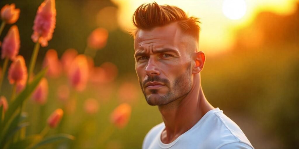 Adult man with spiky crew cut hairstyle, short sides, and gelled spikes in romantic outdoor background

